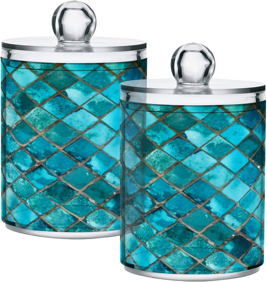 Turquoise Glass Mosaic Qtip Holder Dispenser Teal Geometric Bathroom Canister Storage Organization 4 Pack Clear Plastic Apothecary Jars with Lids Vanity Makeup Organizer For Cotton Ball Swab Floss